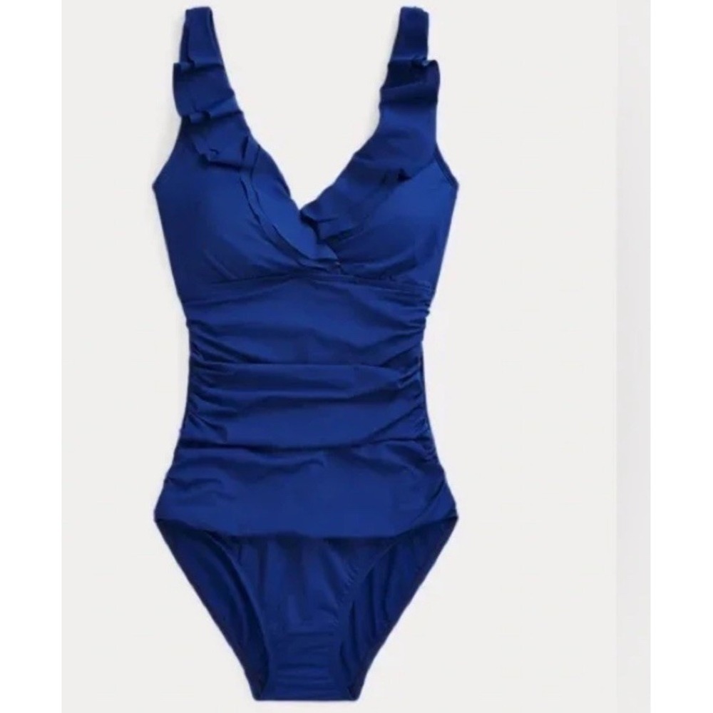 Sz 12 Lauren by Ralph Lauren Ruffle Underwired Swimsuit Navy Blue One Piece